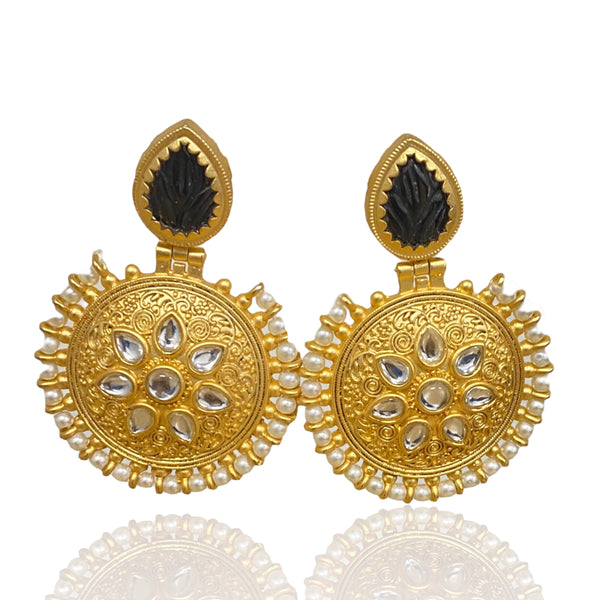 Gold Plated earring with kundan emded and a pearl layer with a black amrapali stone on top.