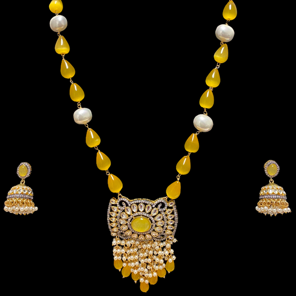 Yellow Payeli Kundan Long Necklace Set