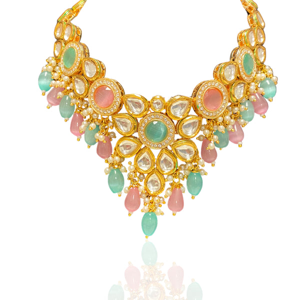 Mint necklace set, Pink Necklace Set, Kundan Necklace Set, Statement Necklace Set with Mint Pink Stones | Festive Wear Jewelry for Special Occasions | Luxurious Jewelry with Antique Finish | Designer Kundan Necklace Set | South Asian Bridal Accessories | Traditional Indian Necklace for Engagements, Mehndi, and Sangeet | Heirloom Quality Jewelry | Ideal for Ethnic Outfits and Sarees | High-Quality Craftsmanship | Mint Pink Necklace for a Regal Look |