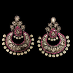 Pink Mishka Oxidized Chandbali Earrings With Pearl