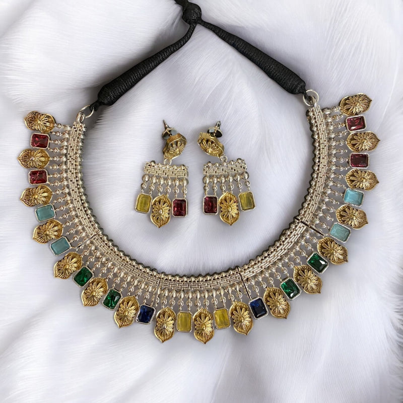 Dualtone Multicolor Silver Necklace Set | German Silver and Gold Finish | Vibrant Multicolor Beads | Silver and Gold Necklace for Women | Online Indian Jewelry | Versatile South Asian Accessories | Traditional Meets Contemporary Design l