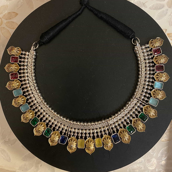 Dualtone German Silver Neckace with multicolor stones. Gold and silver 92.5 silver necklace set featuring desi jewelry, Indian jewelry. Statement necklace in dualtone finish.