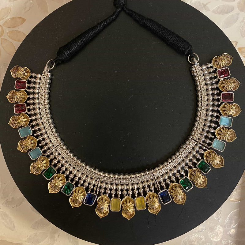 Dualtone German Silver Neckace with multicolor stones. Gold and silver 92.5 silver necklace set featuring desi jewelry, Indian jewelry. Statement necklace in dualtone finish.