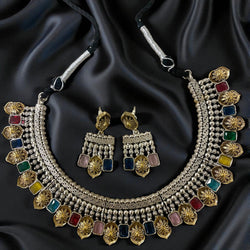 Gift For Her, German Silver Necklace with earrings, Pakistani Jewelry, Indian Jewelry, Statement Necklace, 92.5 Silver Necklace.  Aadhya Dualtone Oxidized Multicolor Necklace Set with Earrings | Antique Silver Finish with Gold Floral Charms | Vibrant Stones | Ethnic Indian Jewelry for Weddings and Festivals