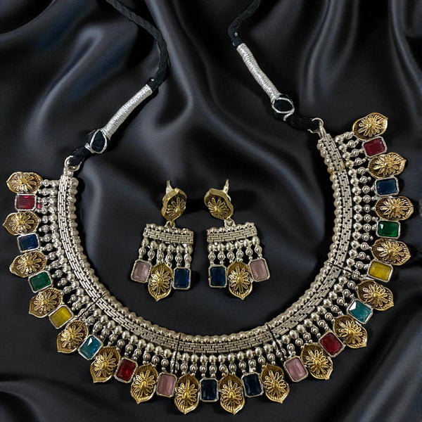Gift For Her, German Silver Necklace with earrings, Pakistani Jewelry, Indian Jewelry, Statement Necklace, 92.5 Silver Necklace.  Aadhya Dualtone Oxidized Multicolor Necklace Set with Earrings | Antique Silver Finish with Gold Floral Charms | Vibrant Stones | Ethnic Indian Jewelry for Weddings and Festivals