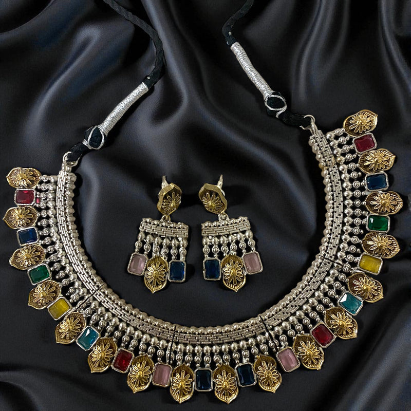 Gift For Her, German Silver Necklace with earrings, Pakistani Jewelry, Indian Jewelry, Statement Necklace, 92.5 Silver Necklace.  Aadhya Dualtone Oxidized Multicolor Necklace Set with Earrings | Antique Silver Finish with Gold Floral Charms | Vibrant Stones | Ethnic Indian Jewelry for Weddings and Festivals