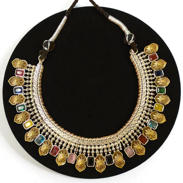 Dualtone German Silver Neckace with multicolor stones. Gold and silver 92.5 silver necklace set featuring desi jewelry, Indian jewelry. Statement necklace in dualtone finish.