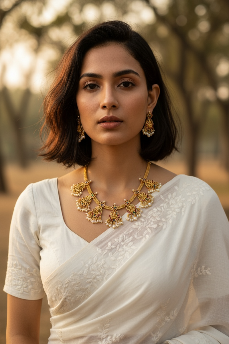 The image shows a woman wearing a traditional South Indian matte antique gold Lakshmi temple jewelry set, photographed outdoors in soft, warm lighting. She is dressed in an elegant white saree with delicate floral embroidery, which provides a neutral and graceful backdrop for the jewelry. The necklace is crafted in a classic temple jewelry style, featuring a woven matte gold chain that carries several intricate Lakshmi pendants. Each pendant includes a central Lakshmi motif surrounded by clusters of ruby-to