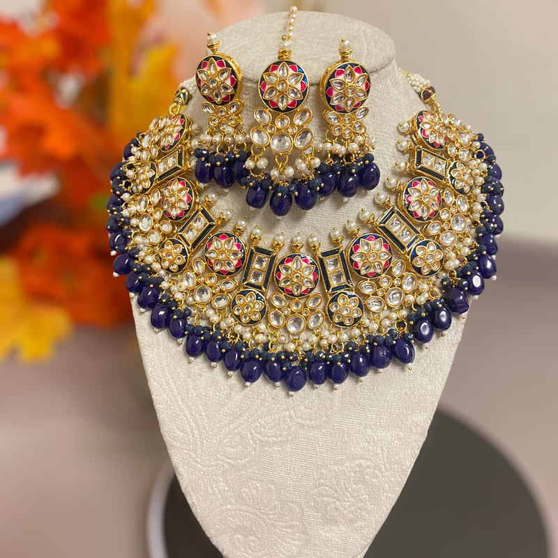 Blue Necklace Set with kundan, meenakari, pearls and blue beads. Statement necklace set. Sabyasachi necklace set. Kundan necklace set. Bridal necklace.