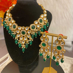 Emerald Kundan Necklace Set with American Diamonds and Monalisa Beads | Indian Jewelry | Traditional Bridal Necklace Set | High-Quality Kundan Work with Meenakari Design | South Asian Jewelry | Emerald Green Necklace for Weddings and Festive Occasions | Ethnic Jewelry for Brides | Gold-Plated Necklace with Green Monalisa Beads | Handmade Jewelry with Intricate Details | Kundan Choker Necklace with Matching Earrings | Elegant and Timeless Design | Perfect for Brides, Bridesmaids, and Wedding Guests | 