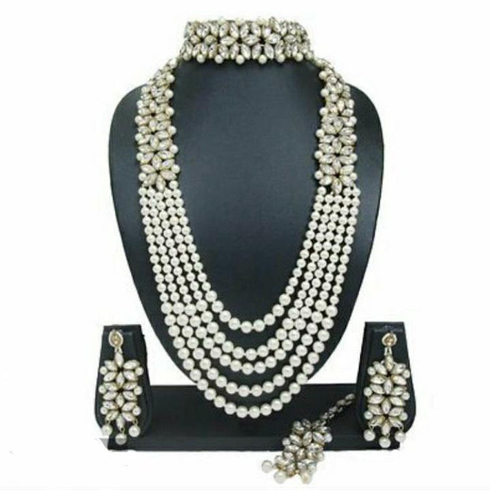 Kundan Choker, Kundan Long Necklace with pearls, earrings and maang tikka for bridal jewellery