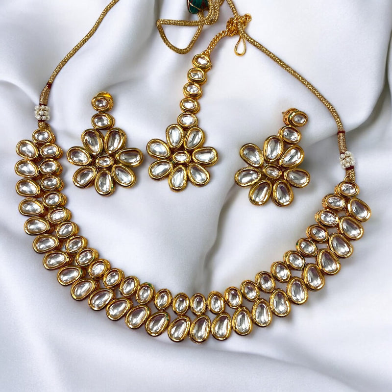 Premium Kundan Necklace Set with Earrings and Maang Tikka | Indian Jewelry | Three-Layer Kundan Design | Small Teardrop, Round, and Medium-Sized Kundan Stones | Back Meenakari Finish | Bridal Kundan Jewelry Set | Traditional Ethnic Necklace |