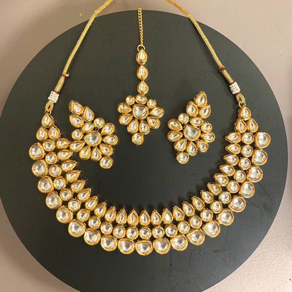 Premium Kundan Necklace Set with Earrings and Maang Tikka | Indian Jewelry | Three-Layer Kundan Design | Small Teardrop, Round, and Medium-Sized Kundan Stones | Back Meenakari Finish | Bridal Kundan Jewelry Set | Traditional Ethnic Necklace | South Asian Wedding Accessories | High-Quality Kundan Jewellery Online | Perfect for Festive Occasions