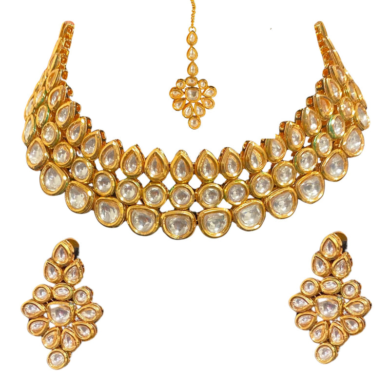 Indian Kundan Necklace Set with earring and maang tikka. Gold plated Indian necklace set from Indian jewelry store in Pleasanton, CA.