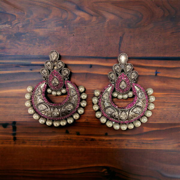 Pink Mishka Oxidized Chandbali Earrings With Pearl