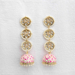 Baby Pink Rasika Kundan Meenakari Jhumka Earrings With Pearls