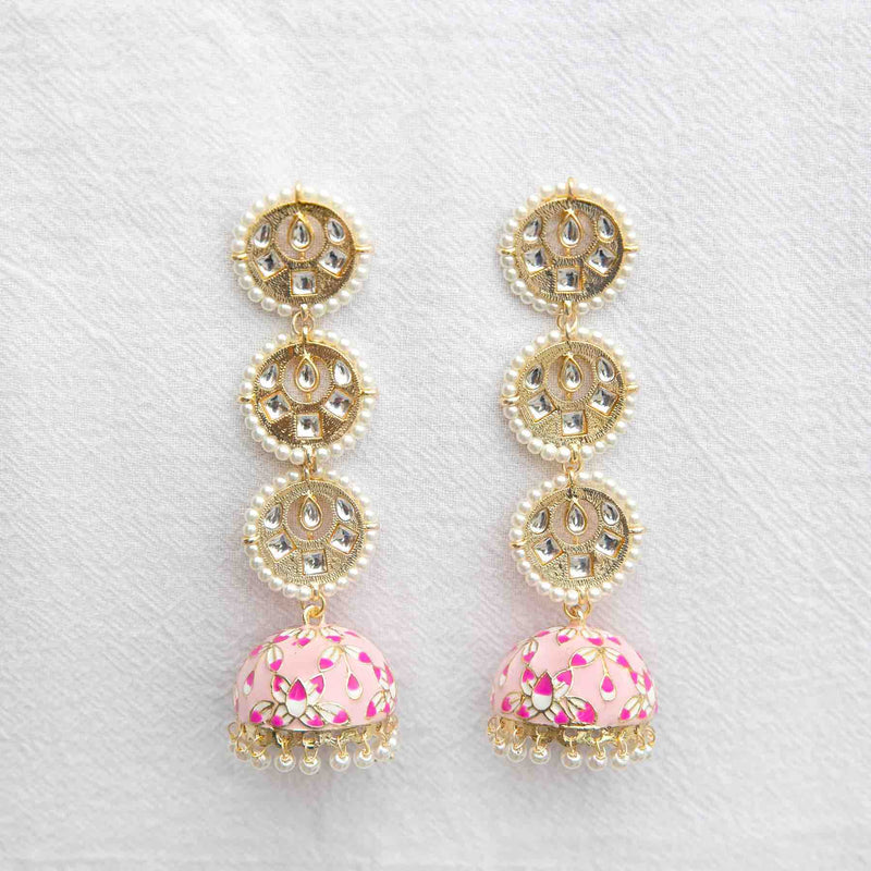 Baby Pink Rasika Kundan Meenakari Jhumka Earrings With Pearls