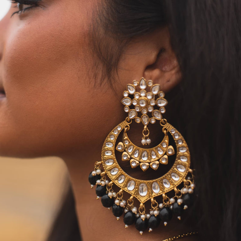 Indian Jewelry, Chandbali earrings with kundan and black beads.