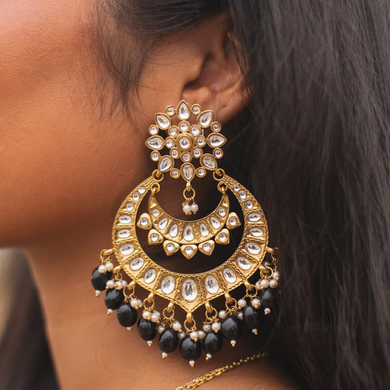 Black Earrings, Kundan Earrings with black beads featuring Indian Jewelry.