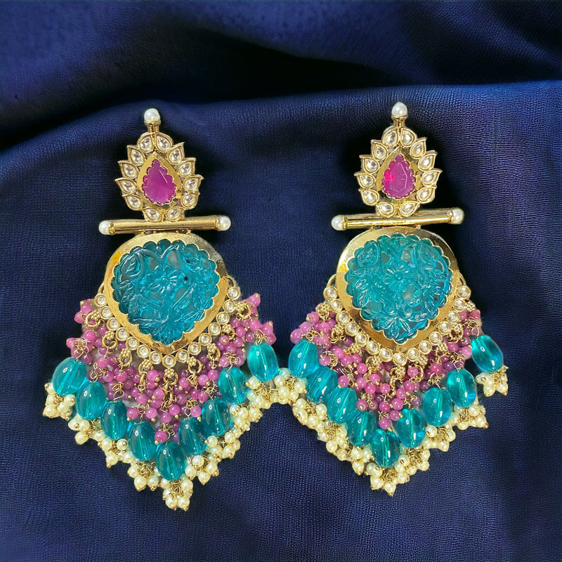 Blue Pink Dyra Gold Plated Kundan Earrings