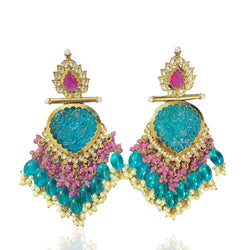 Inspired by bollywood jewelry online this is a desi jewelry blue pink gold plated kundan earrings with pearls.
