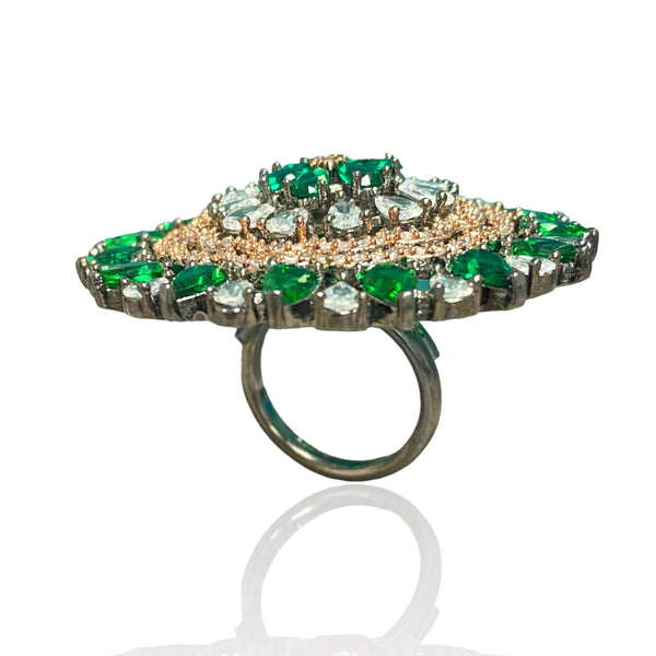 From the best Indian jewelry shop in Pleasanton comes this adjustable round ring from their victorian jewelry collection. It has high quality cubic zirconia and emerald monalisa stones.
