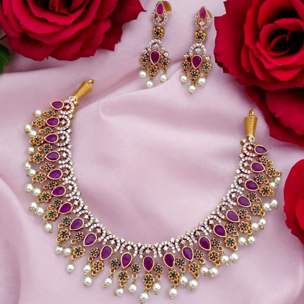 Gold & AD Temple Necklace Set with Ruby Stones | Traditional South Indian Jewelry | Antique Temple Design with Intricate Motifs | Bridal Necklace with Matching Earrings | Ethnic Jewelry for Weddings & Festivals.