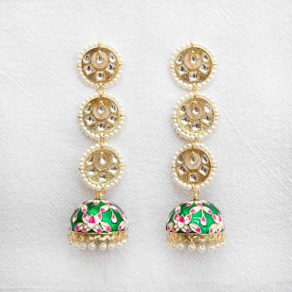 Green Rasika Kundan Meenakari Jhumka Earrings With Pearls