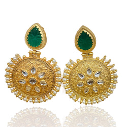 Round Shaped Gold Earrings with intricate design, embeded kundan with a pearl layer around it. There is an emerald amrapali stone on the top to give it a luxurious look. Perfect for any Indian, Desi and Pakistani jewelry collection.