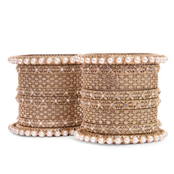 Featuring Indian Jewelry Set of 8 bangles in Mehendi Gold with CZ and Pearls.