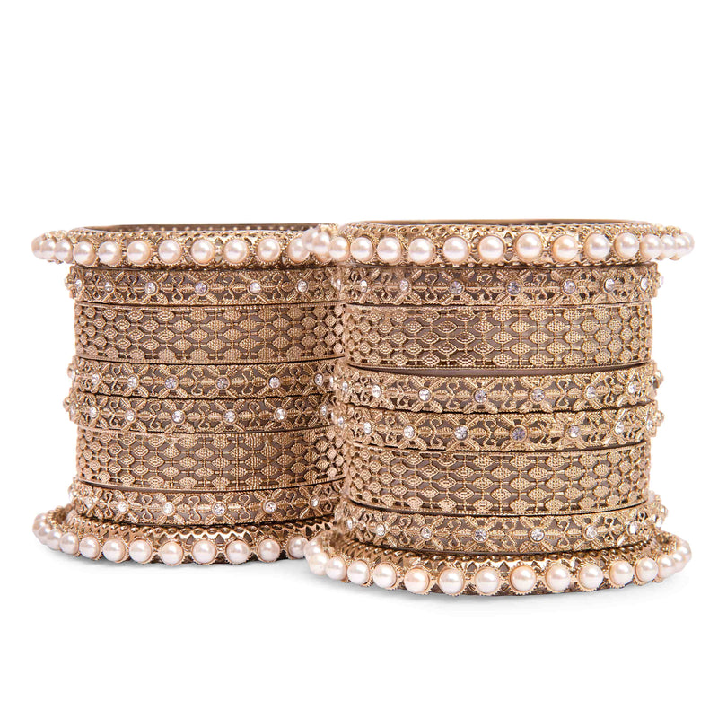 Featuring Indian Jewelry Set of 8 bangles in Mehendi Gold with CZ and Pearls.