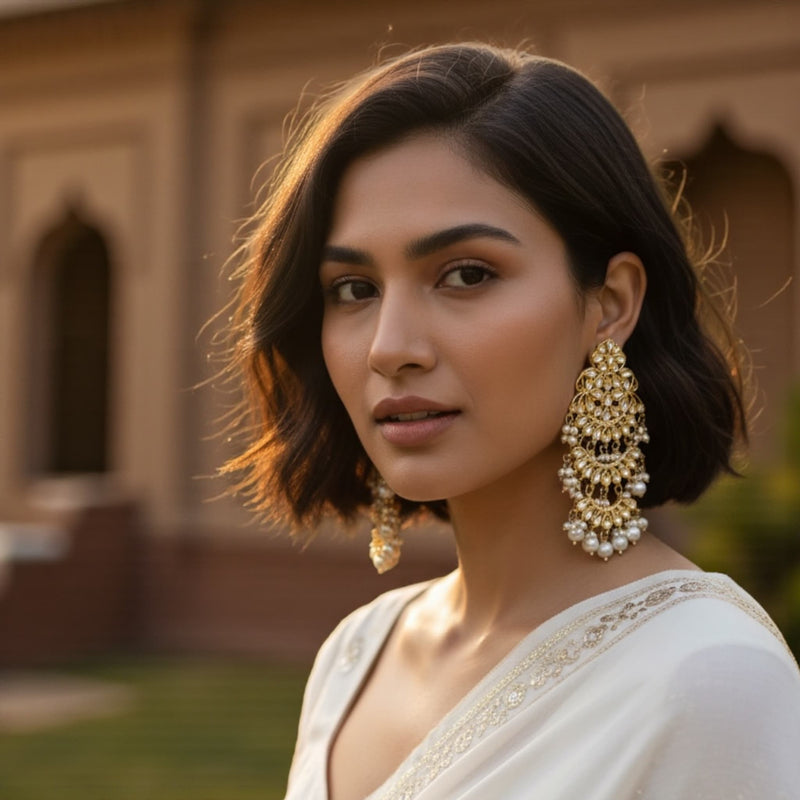 Woman wearing high quality gold plated Kundan chandbali earrings with delicate pearl drops, showcasing the intricate handcrafted design and elegant traditional Indian style. Perfect bridal and festive jewelry look, highlighting how the earrings pair with sarees, lehengas, and ethnic outfits.