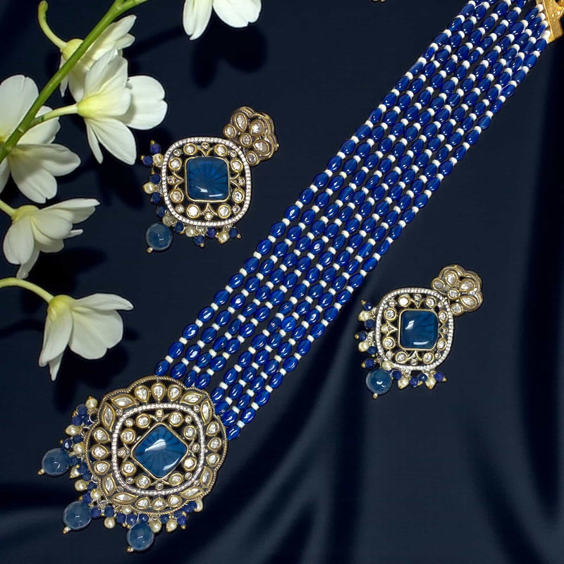 Blue Kundan Necklace Set with Pearls and CZ Stones | Long Beaded Necklace with Silver Foiling and Intricate Kundan Pendant | Royal Blue Beads with Gold Detailing | Matching Earrings with Blue Stone Center and Pearl Drops | Traditional Indian Jewelry | Elegant Ethnic Necklace Set for Brides, Weddings, and Festive Occasions | Handcrafted Statement Jewelry with Luxurious Finish