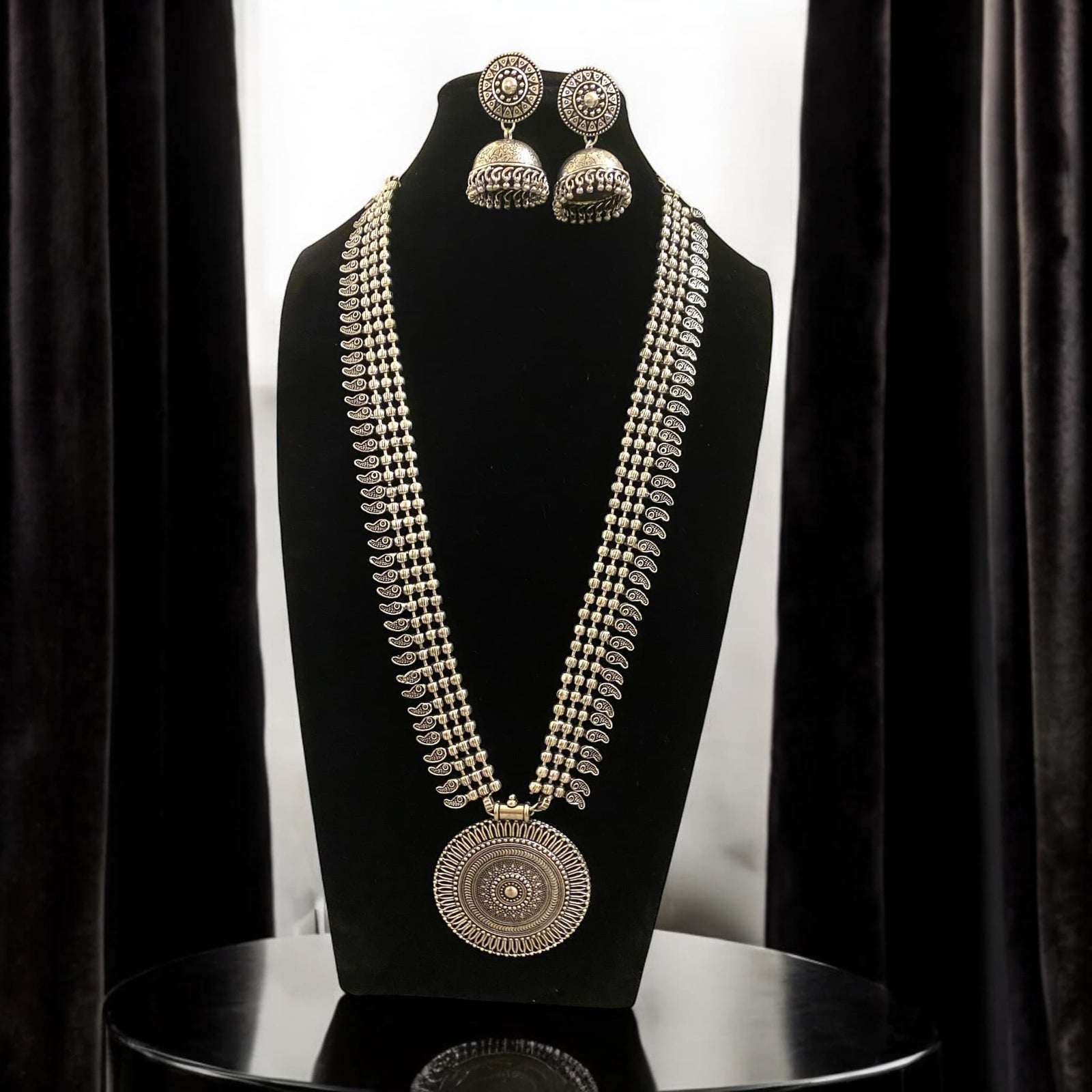 Zeenat Oxidized Silver Long Necklace Set – Romikas