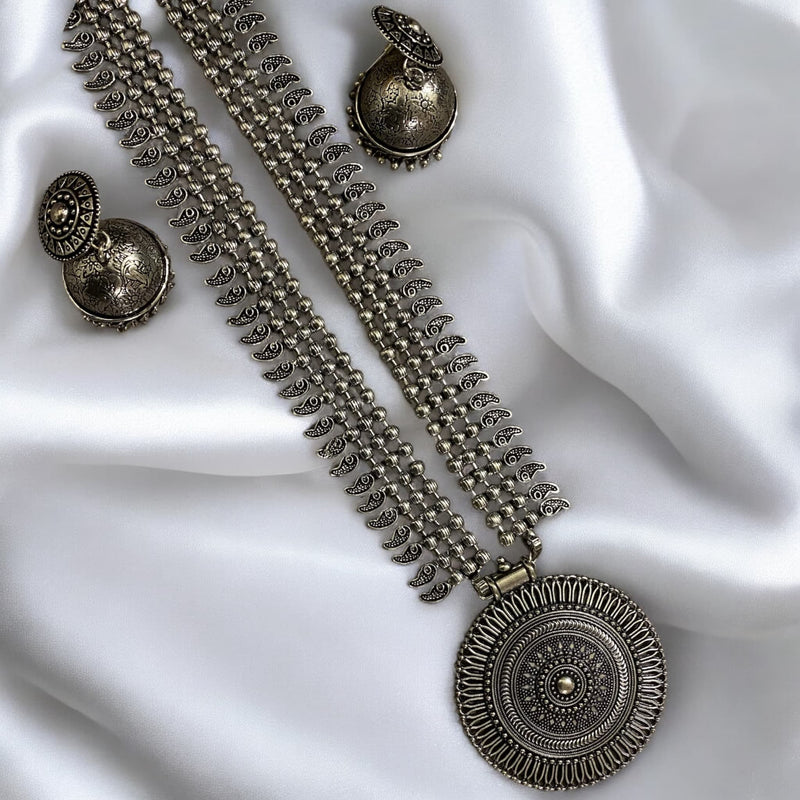 Zeenat Oxidized Silver Long Necklace Set