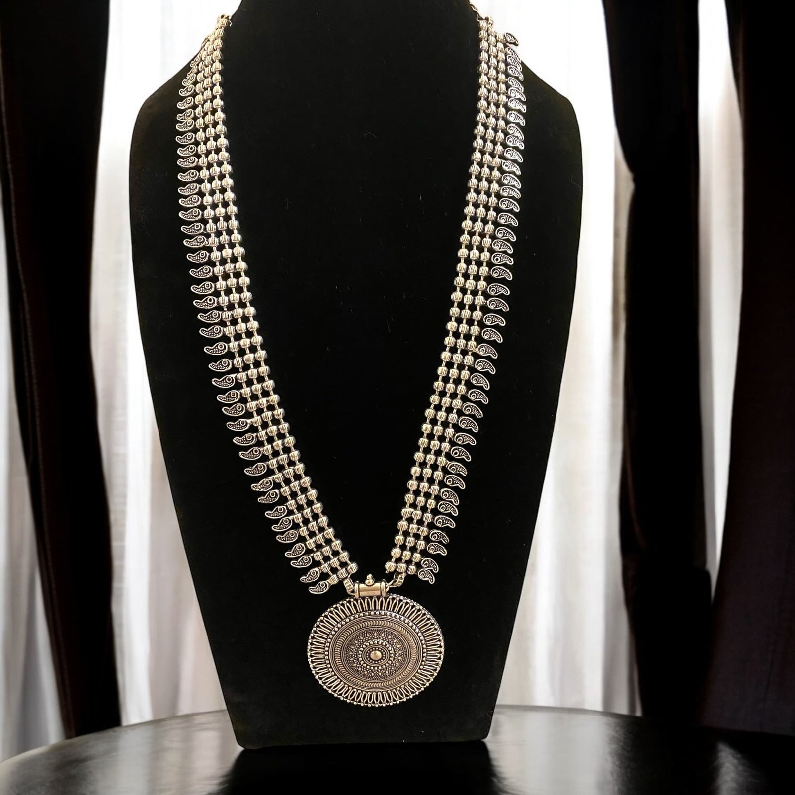 Zeenat Oxidized Silver Long Necklace Set – Romikas