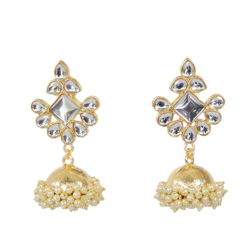 Gold Plated Jhumkas from Indian Jewelry store in California with cluster pearls and kundan.