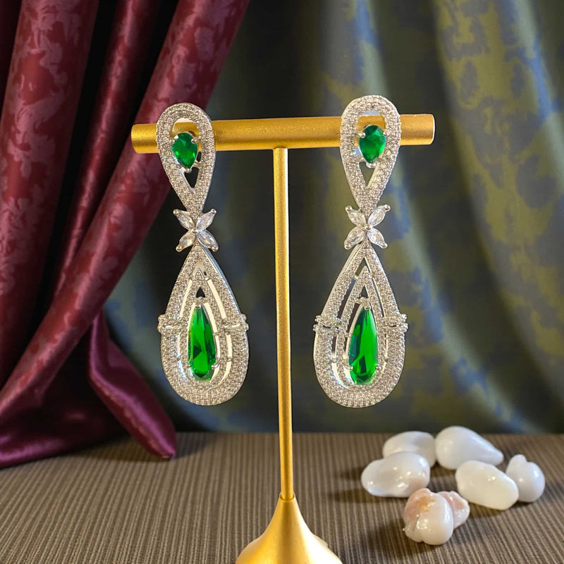 High quality AD emerald earrings with sparkling cubic zirconia, long teardrop green stone dangle design, elegant Indian jewelry for weddings, parties, and festive wear.”