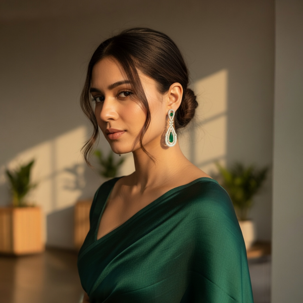 Woman model styled in premium AD emerald earrings featuring shimmering CZ and a long teardrop green stone design, perfect for Indian bridal and party wear.
