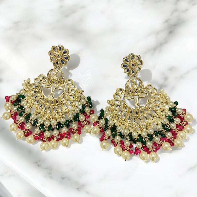 Red and Green Kundan Earrings with Pearls and Beads | Indian Bridal Earrings for Weddings, Mehndi, and Sangeet | Traditional South Asian Jewelry for Lehenga, Saree, or Anarkali | Handmade Ethnic Earrings for Desi Brides | Festive Jewelry for Diwali, Eid, Navratri, and Cultural Celebrations | Statement Kundan Earrings with Pearl Detailing | Indian American Bridal Accessories | Perfect for Engagement and Reception Looks.
