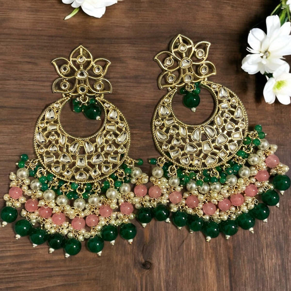 Online Indian Chandbali Earrings with Kundan, Green, Pink Beads with Pearls featuring Pakistani jewlery.