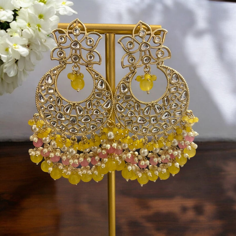 Yellow Chandbalis available in Online Indian Jewelry Store in Pleasanton, CA.  Yellow Pink Earrings with pearls.  Pakistani Jewlery.