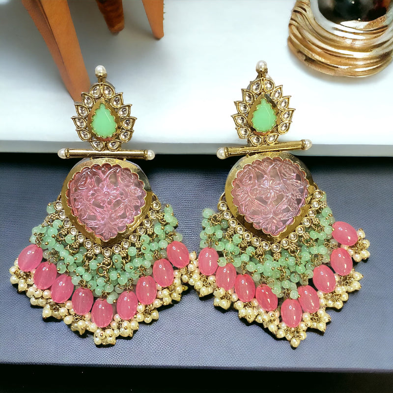 Mint Pink Indian earrings in gold plating with kundan and pearls.