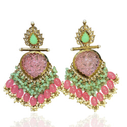 Indian jewellery online with mint pink gold plated earrings with pearls on gold plating.