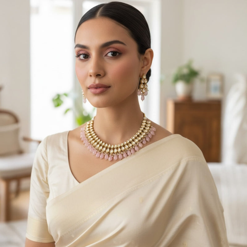 Woman wearing a gold plated Kundan necklace with pink beads, styled for an elegant Indian bridal look. Premium handcrafted jewelry perfect for weddings, receptions, and festive occasions. Highlights traditional Kundan craftsmanship and luxurious South Asian fashion.