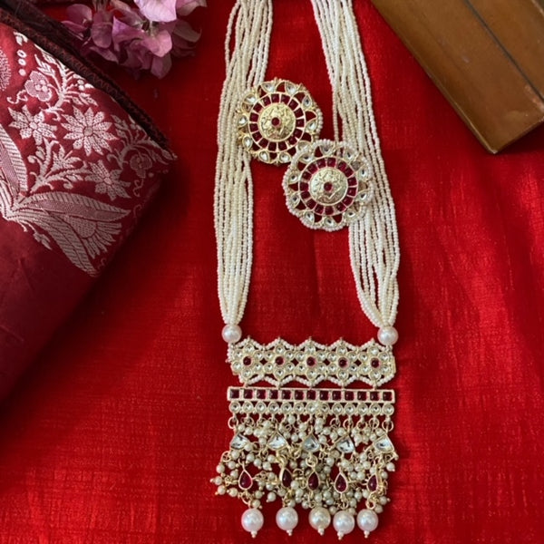 Pearl Long Mala with Kundan and Ruby Stones | Traditional South Asian Jewelry | Elegant Pearl Necklace for Brides | Ethnic Wedding Jewelry | Intricate Kundan Work with Ruby Accents | Long Necklace for Festive Occasions | Bridal Jewelry for Cultural Events.