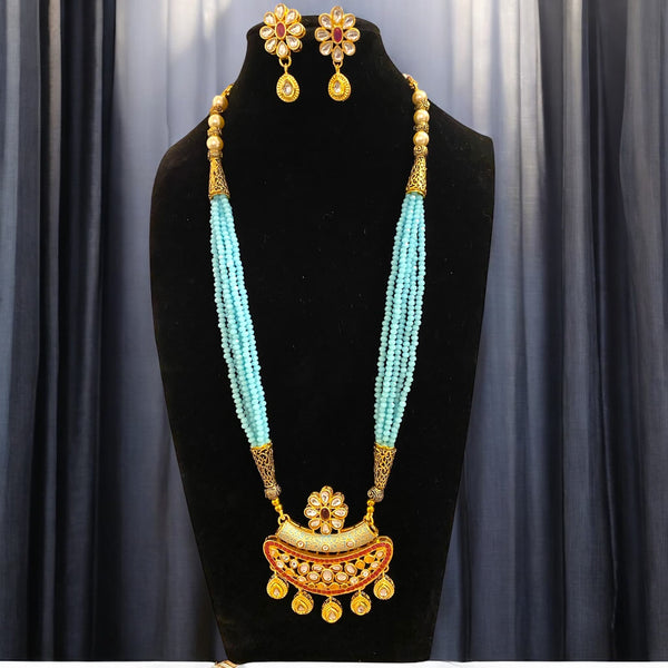 Sky Blue Long Necklace Set with Kundan, Meenakari, and Pearls | Indian Jewelry | South Asian Necklace with Blue Bead Strands and Gold Plating | Traditional Jewelry Set with Matching Earrings | Ideal for Weddings and Festive Occasions |