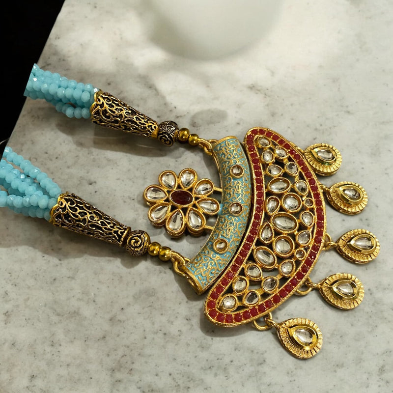 Indian Long Necklace with kundan, blue and red beads from Online Indian Jewelry store in Pleasanton, CA.  Discounted Indian Jewelry, Pakistani Jewelry.