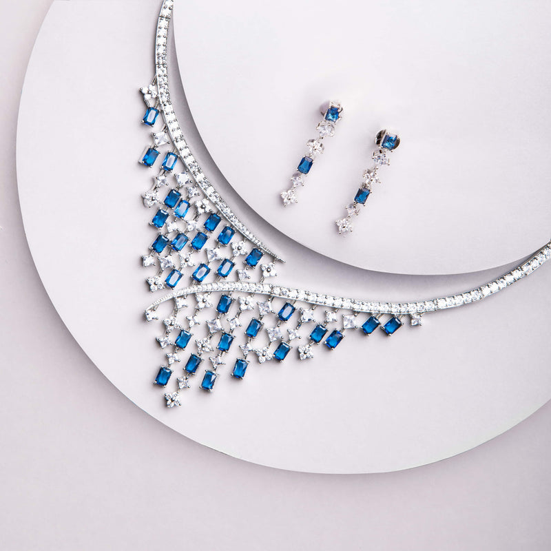 Desi American Diamond Jewelry, Cubic Zirconia Necklace with blue stones with earrings.