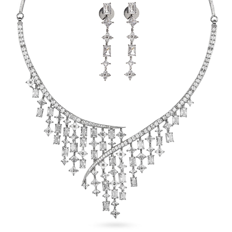 CZ Necklace with earrings made of clear CZ stones of different shapes.  Perfect for wedding and bridesmaids.